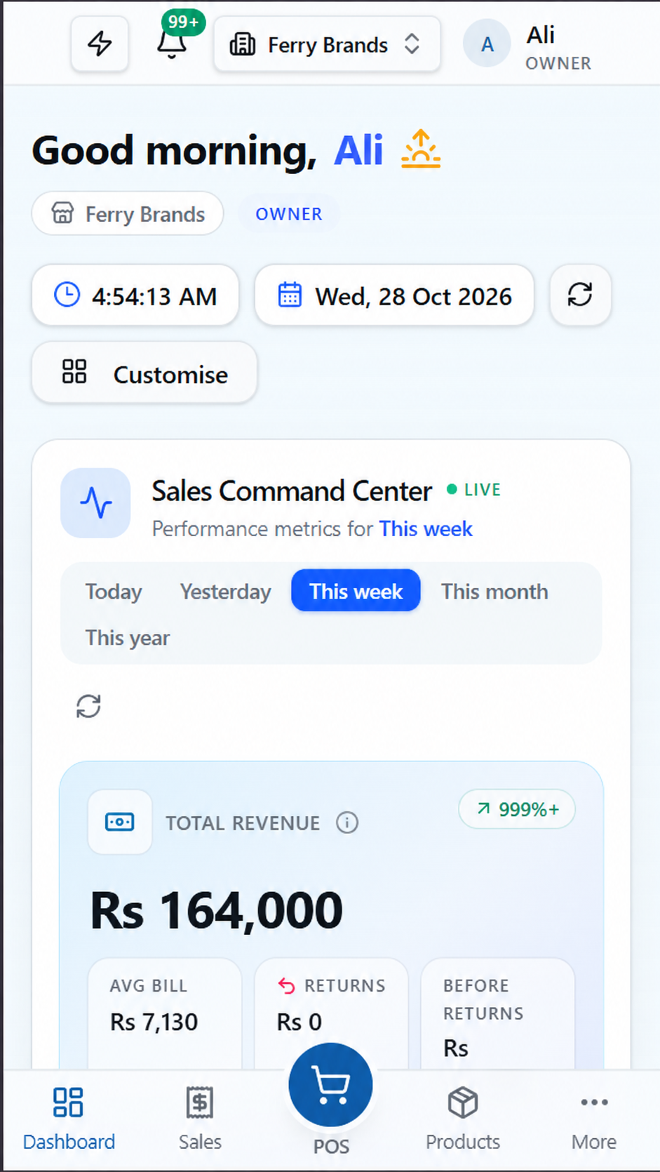 BillingApp mobile dashboard with sample data