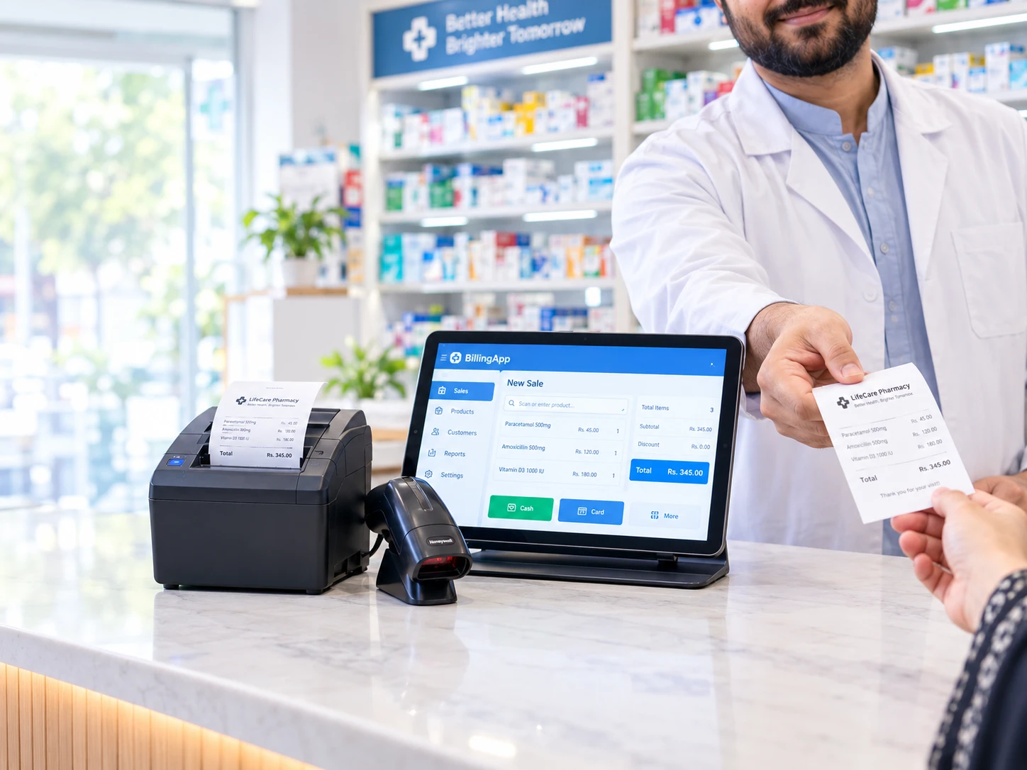 Illustration: a pharmacy counter with BillingApp on a tablet, a thermal receipt printer and a barcode scanner